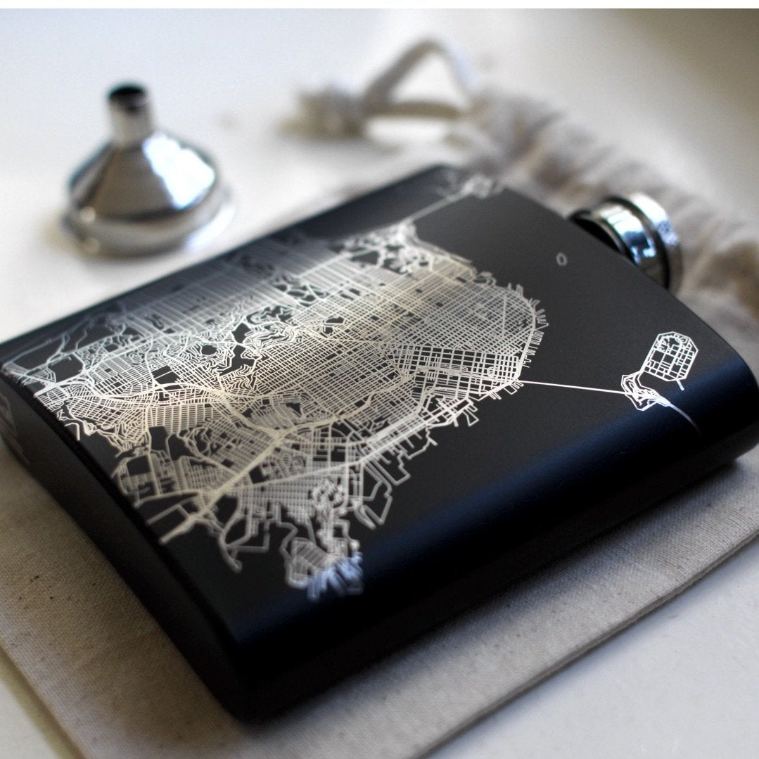 New York - New York Map Hip Flask in Matte Black